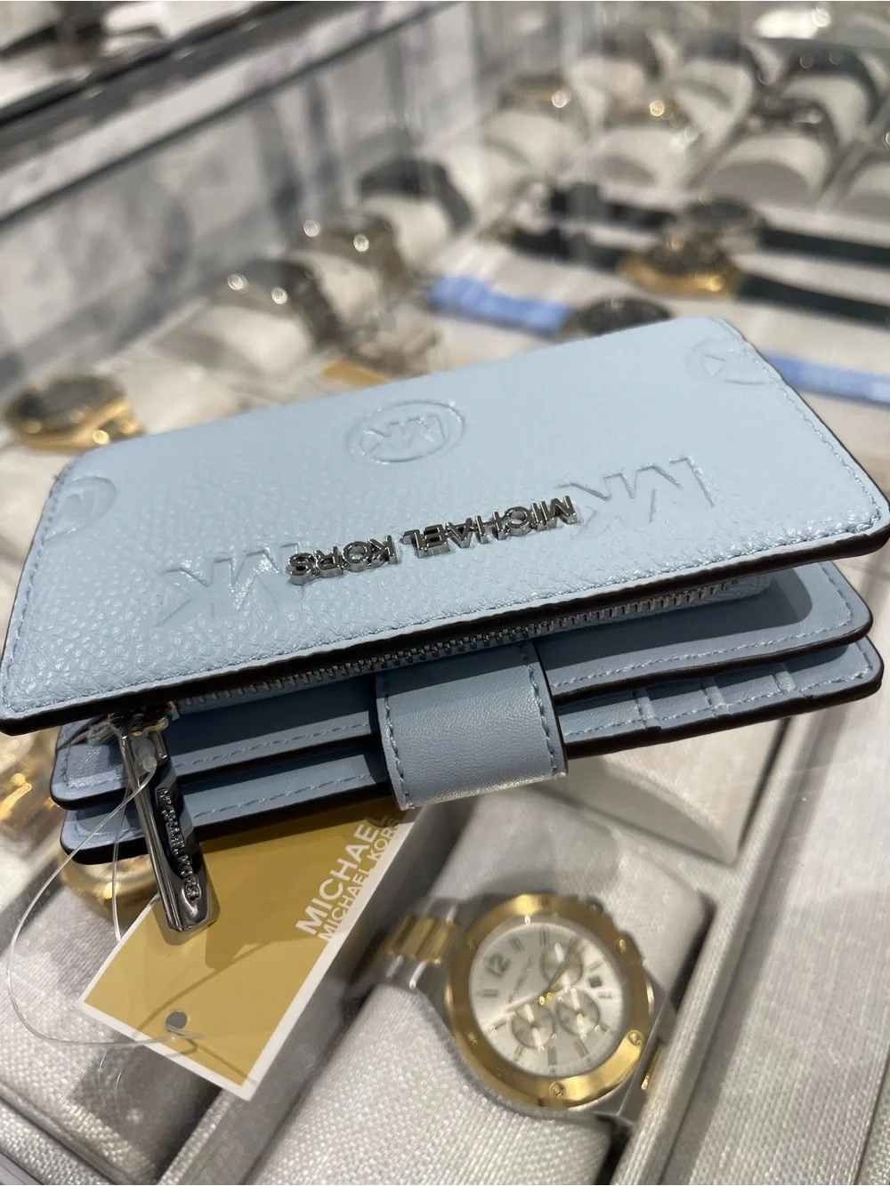 Michael Kors Jet Set Travel Med MK Logo Debossed Bifold Wallet Pale Ocean  NWT